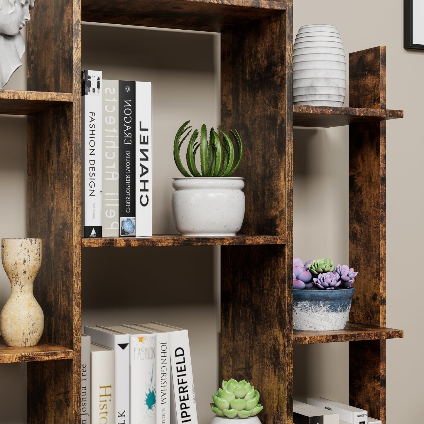 Industrial Vintage Bookshelf with 2 Drawers and 12 Open Shelves - Rustic Brown Freestanding Display Bookcase for Home Office, Bedroom, and Living Room