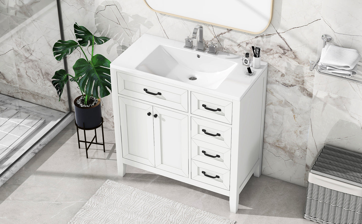 36-Inch White Freestanding Bathroom Vanity with Ceramic Sink and Storage Drawers