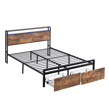Modern Queen Bed Frame with LED Headboard, Integrated Charging Station & Storage Drawers – Sturdy Metal Platform, No Box Spring Required