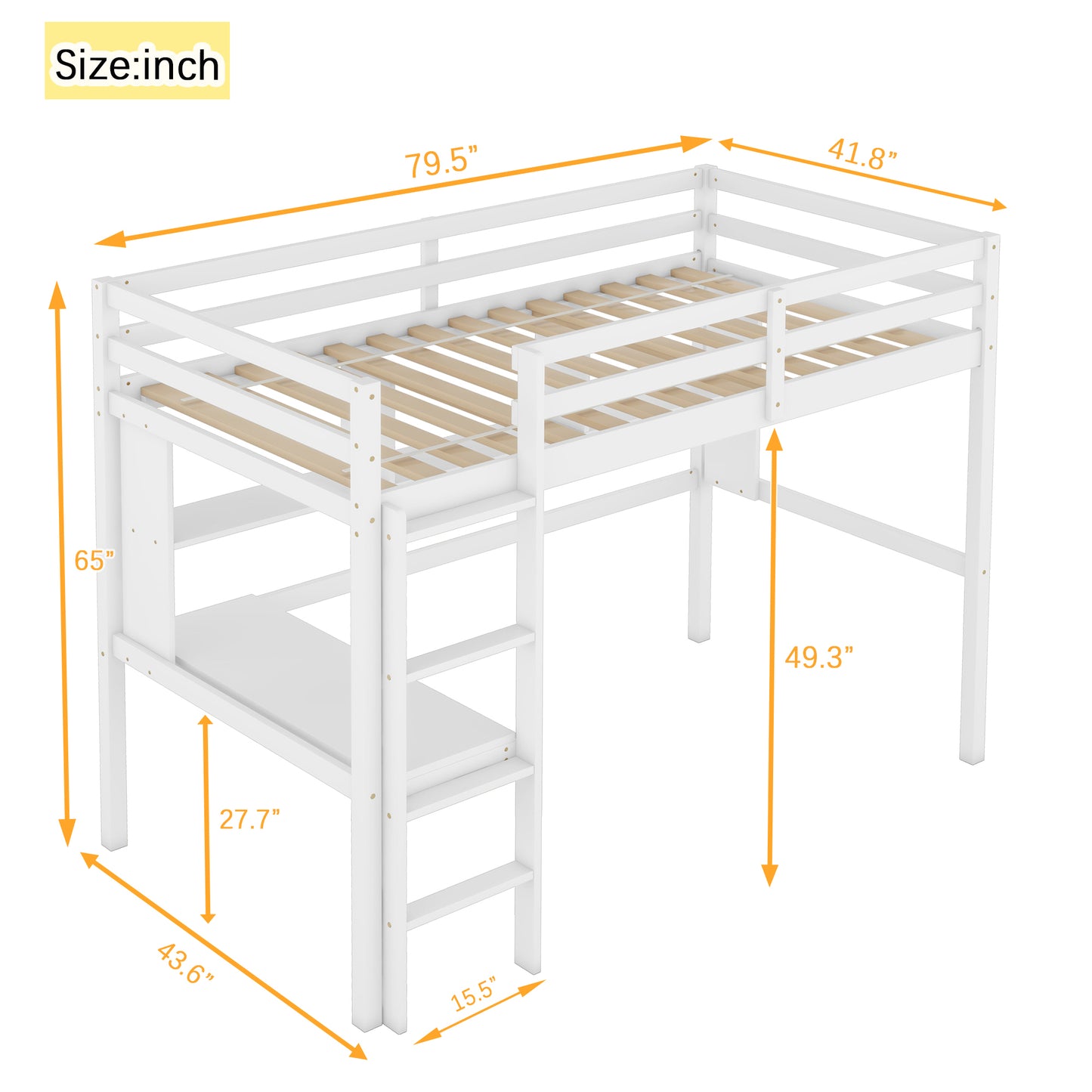 Twin Loft Bed with Integrated Desk and Shelves, Safety Guardrails, and Ladder in White