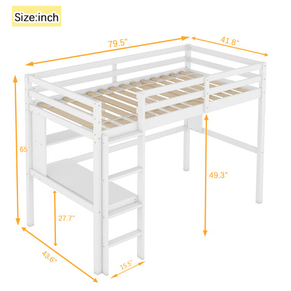 Twin Loft Bed with Integrated Desk and Shelves, Safety Guardrails, and Ladder in White