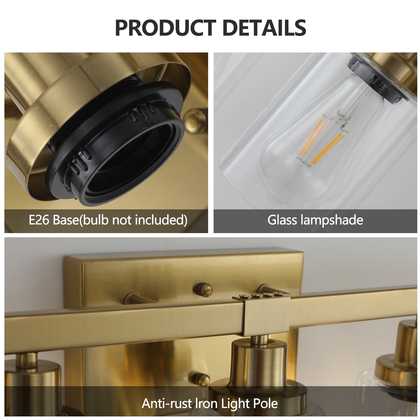 Five-Bulb Vanity Light with Clear Glass Shades Wall Fixture for Bathroom Bulbs Not Included Gold Finish