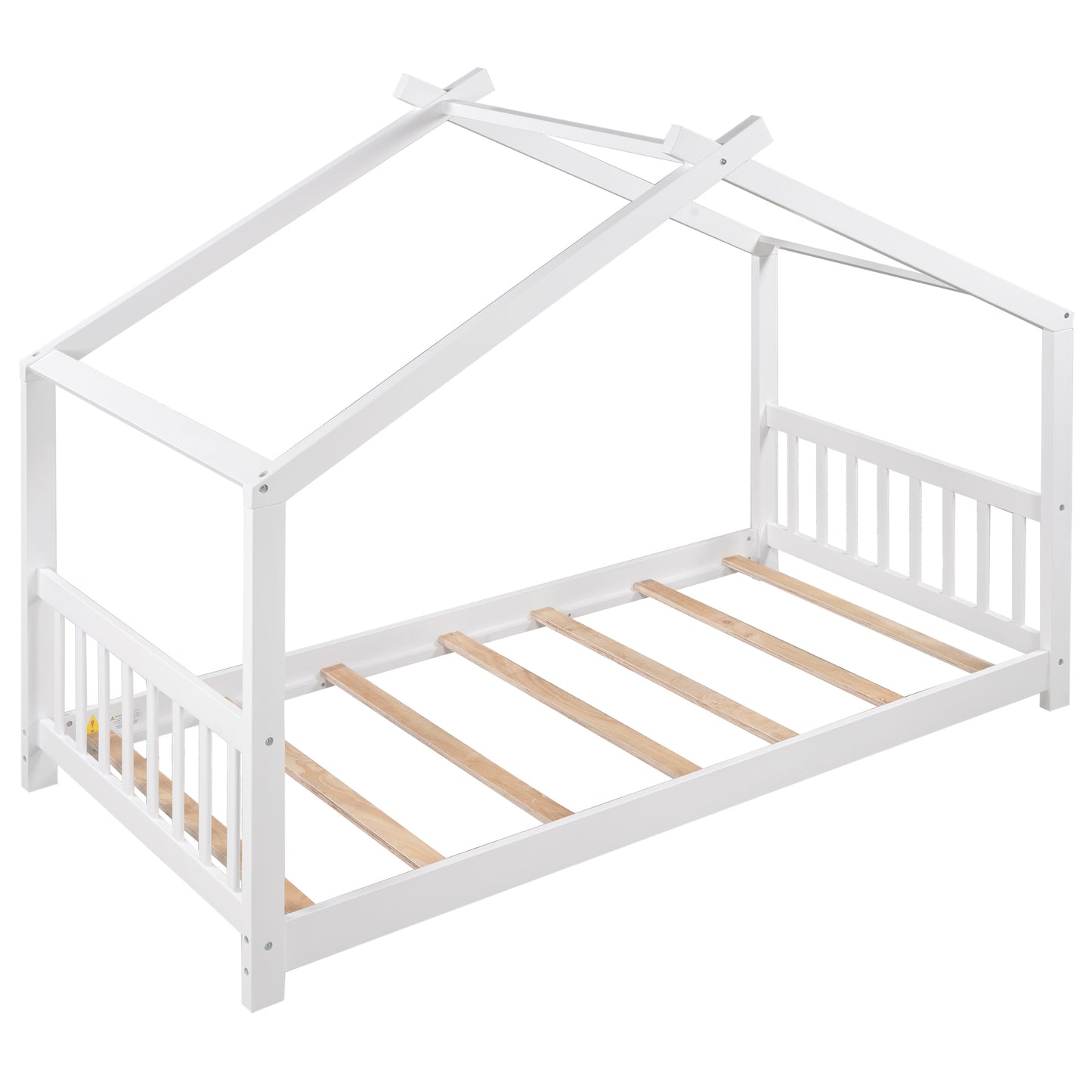 Whimsical Twin House Bed with Roof, Headboard & Footboard - White