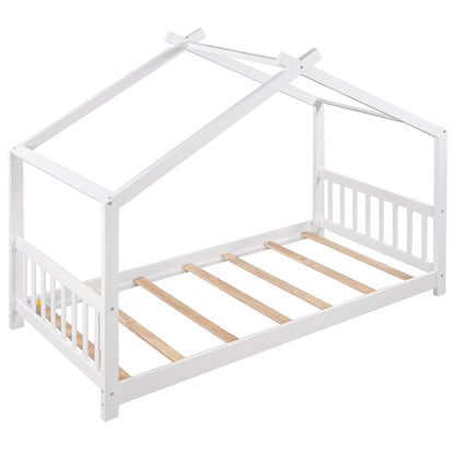 Whimsical Twin House Bed with Roof, Headboard & Footboard - White