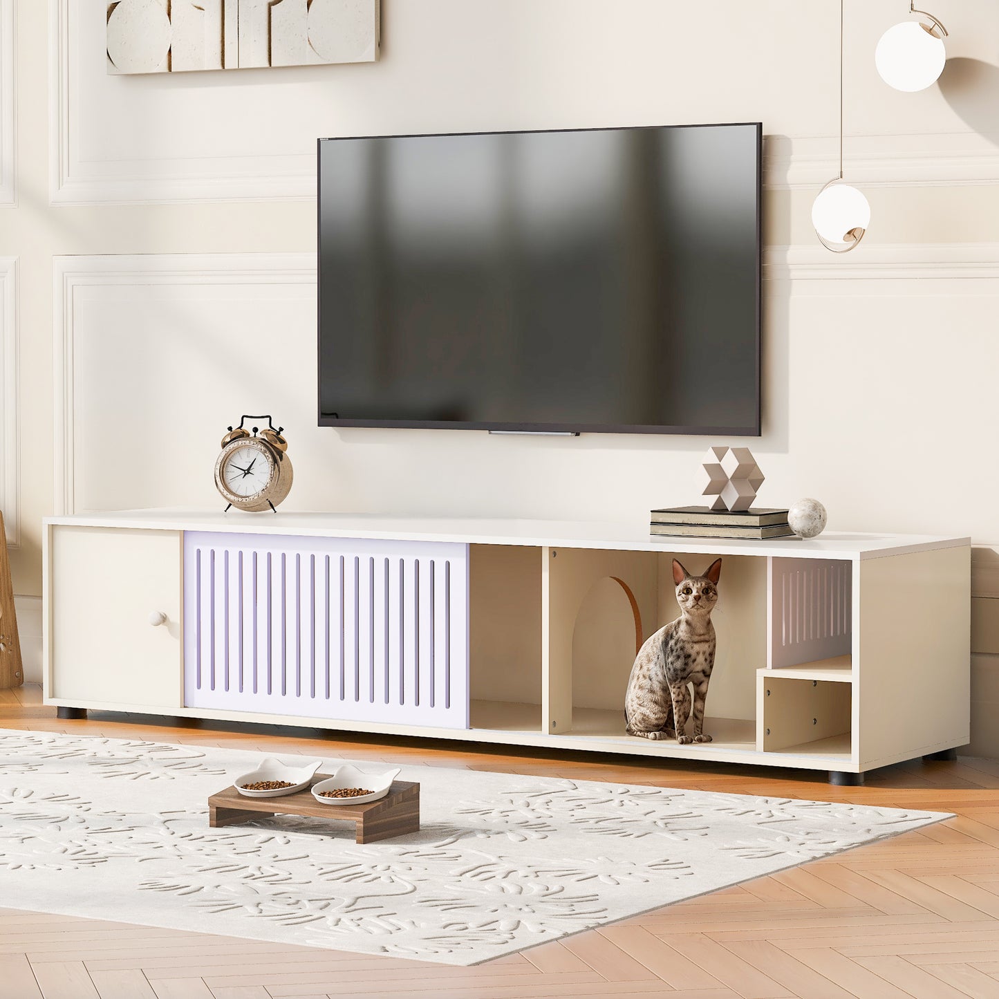 66.9-Inch TV Stand with Storage and Cat Litter Enclosure, Removable Sliding Door, Console, Cream White