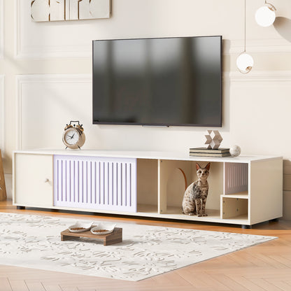 66.9-Inch TV Stand with Storage and Cat Litter Enclosure, Removable Sliding Door, Console, Cream White