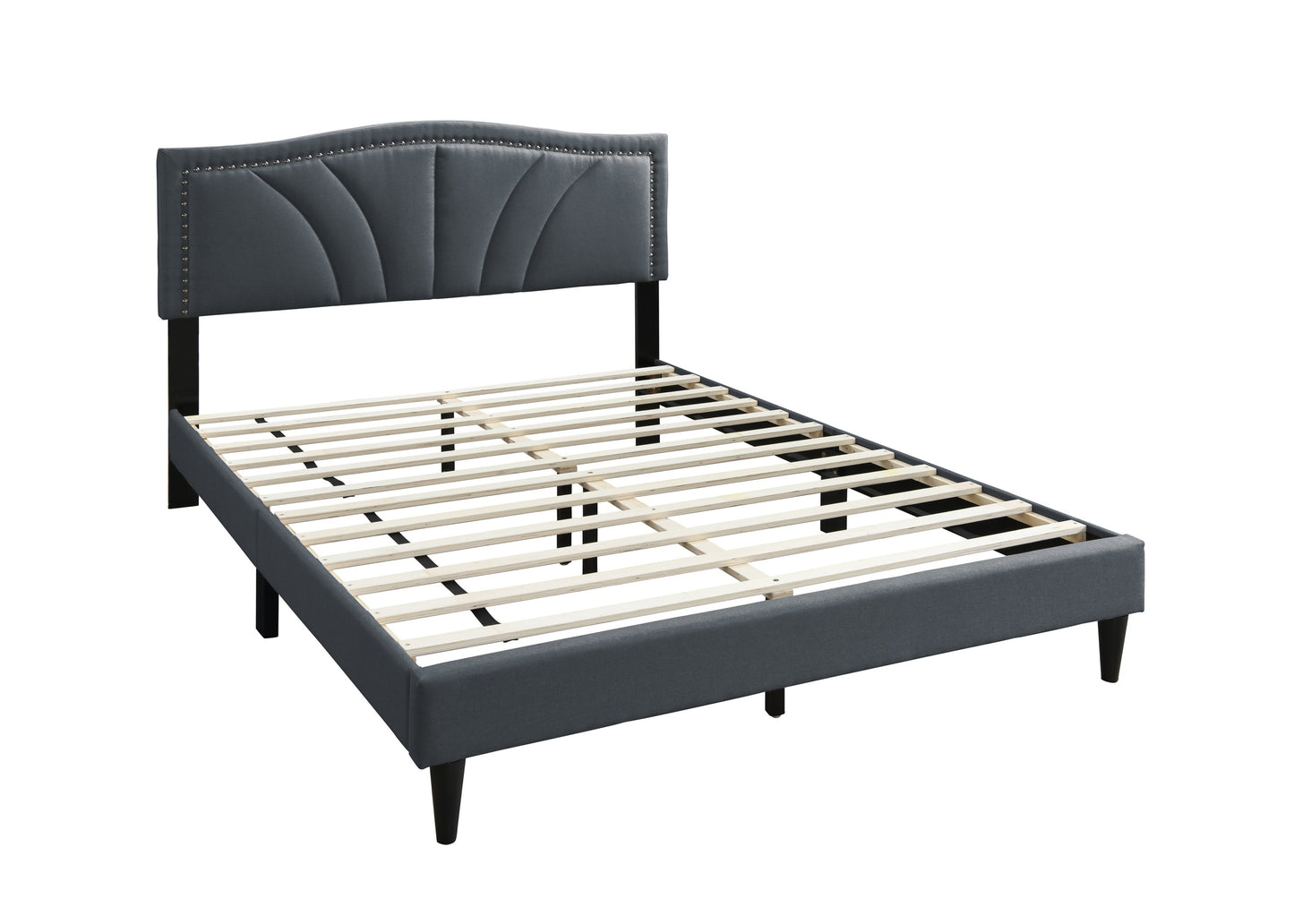 Chic Charcoal Burlap Queen Bed with Vintage Nailhead Trim Accents