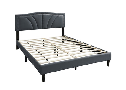 Chic Charcoal Burlap Queen Bed with Vintage Nailhead Trim Accents