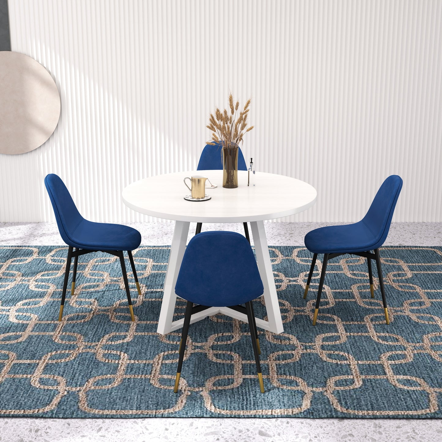 Round Dining Set With Trestle Table And Four Chairs Blue