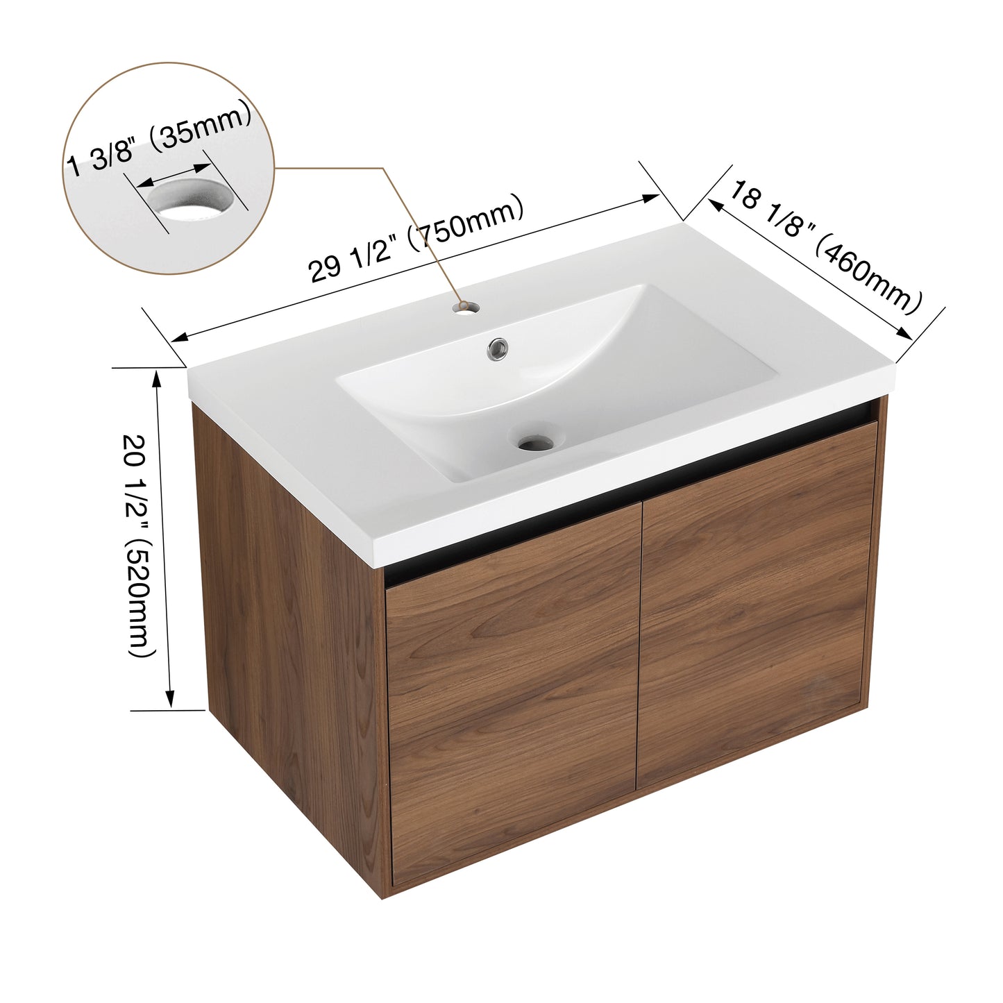 30-Inch LEVISTAR Brown Engineered Wood Bathroom Vanity with Resin Sink and Dual Door Storage Cabinet