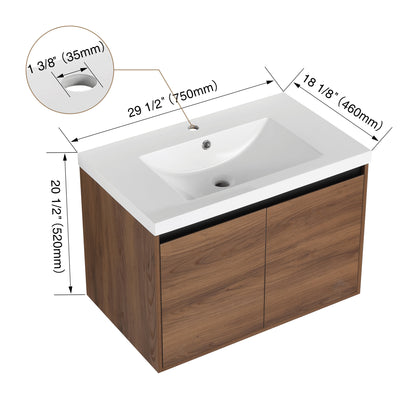 30-Inch LEVISTAR Brown Engineered Wood Bathroom Vanity with Resin Sink and Dual Door Storage Cabinet