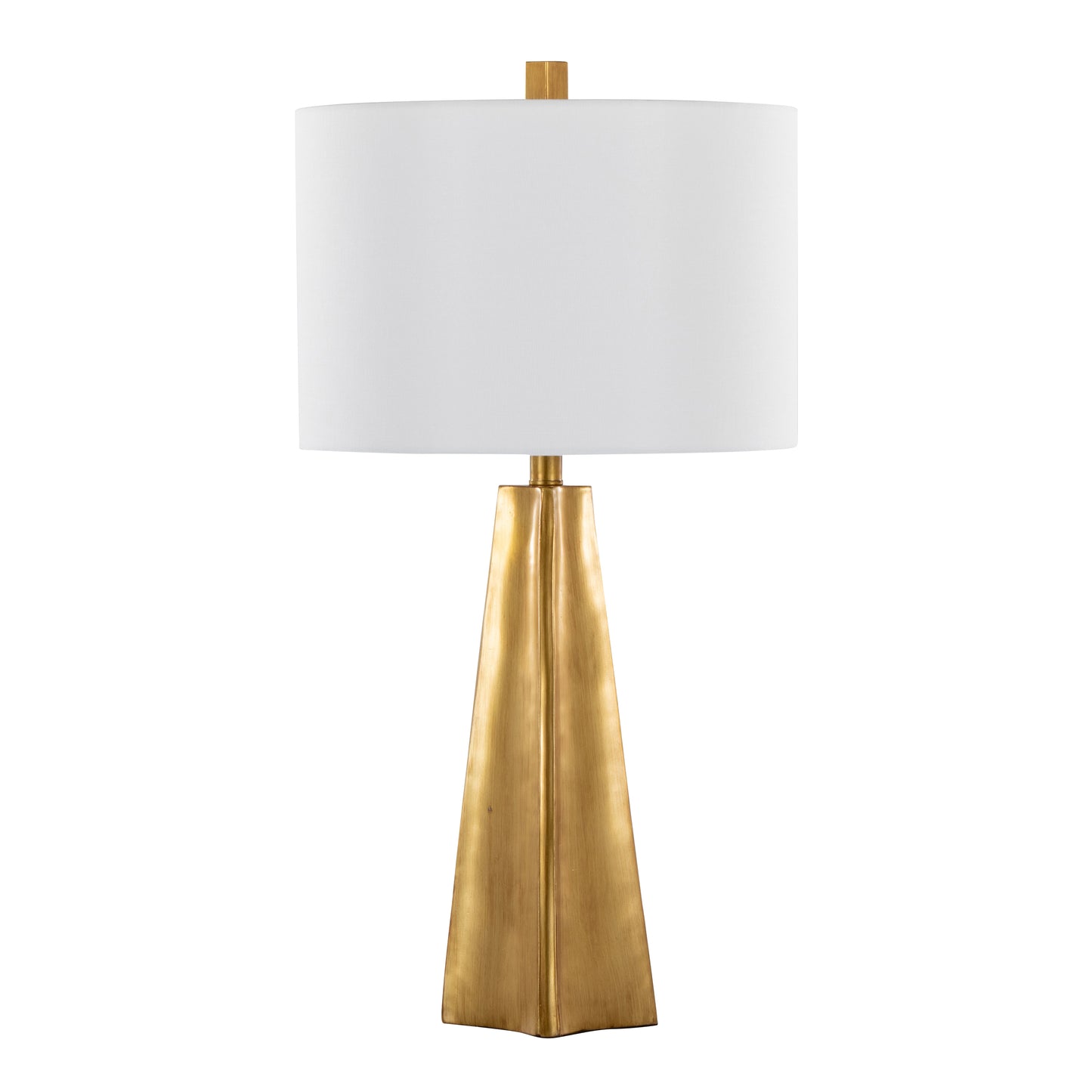 Contemporary 29-Inch Polyresin Table Lamp: Pyramid Base, White Linen Shade, Glam Art Deco Indoor Use Gold