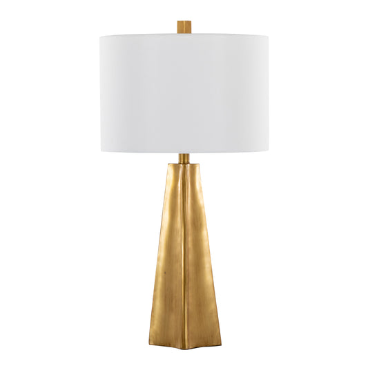 Contemporary 29-Inch Polyresin Table Lamp: Pyramid Base, White Linen Shade, Glam Art Deco Indoor Use Gold