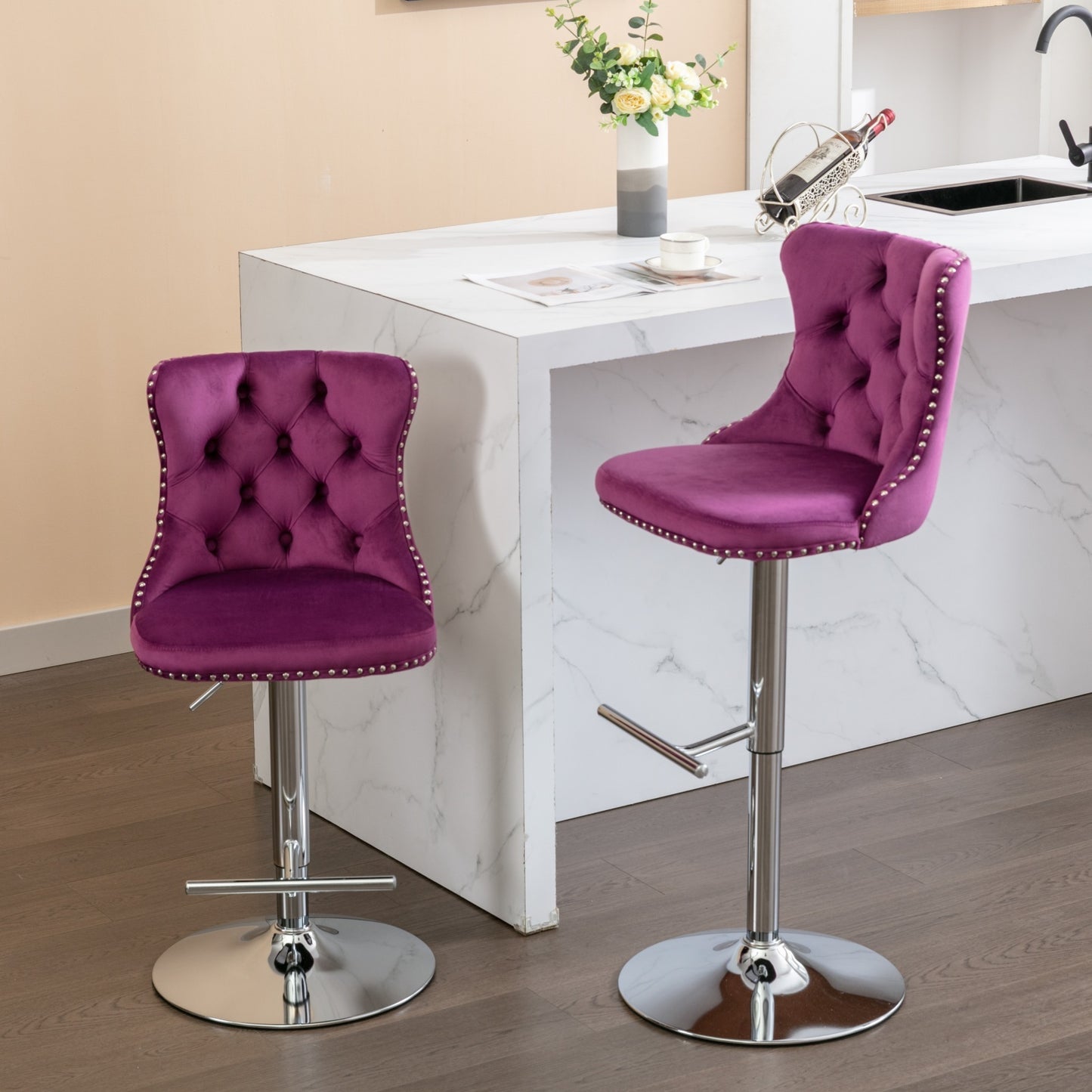 Purple Velvet Swivel Bar Stools Adjustable 25-33 Set Of 2