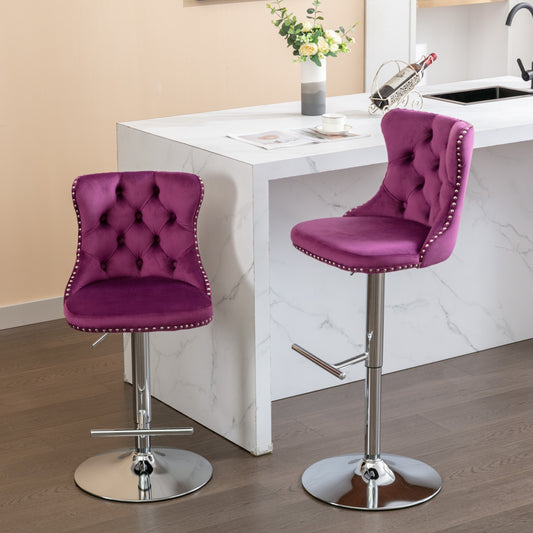 Purple Velvet Swivel Bar Stools Adjustable 25-33 Set Of 2