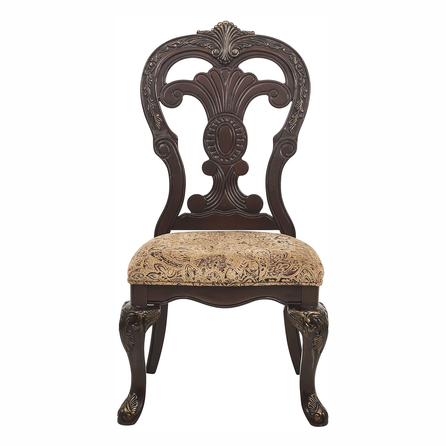 2-Piece Traditional Dining Side Chairs, Fabric Upholstered Wood Frame Gold Tipping, 21.25 in Seat, Cherry