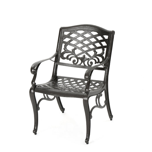 Outdoor Aluminum Dining Chair With Scroll Design Lattice Back Cabriole Legs For Patio Seating Bronze