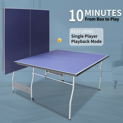 8ft Mid-Size Foldable TT Table for Indoor/Outdoor - Portable Ping Pong Set w/ Net, 2 Paddles, 3 Balls Blue