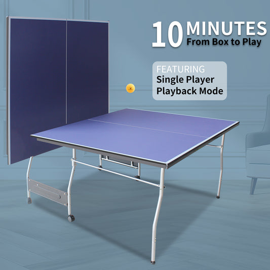 8ft Mid-Size Foldable TT Table for Indoor/Outdoor - Portable Ping Pong Set w/ Net, 2 Paddles, 3 Balls Blue