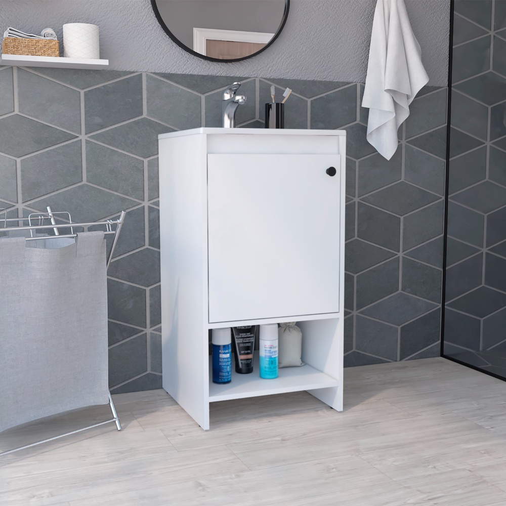 Modern White Single Door Bathroom Vanity with Two Shelves