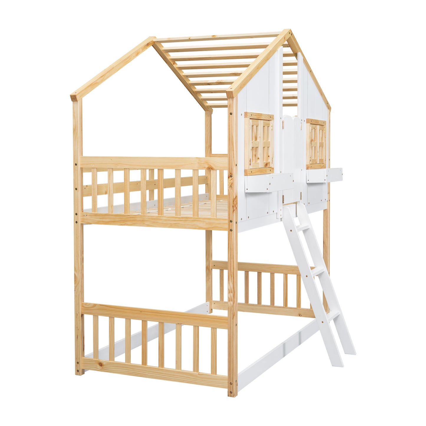 Twin House Bunk Bed for Kids with Roof, Windows, and Safety Features - Natural/White Finish