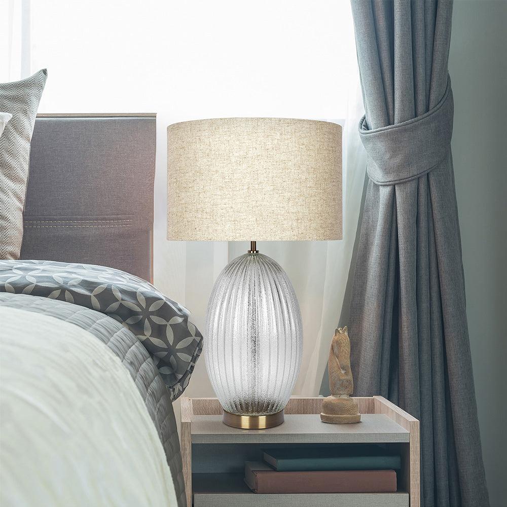 Ribbed Glass Table Lamp with Large Linen Shade, 17in Tall, 11.8in Base, Lighting Beige Clear Gold