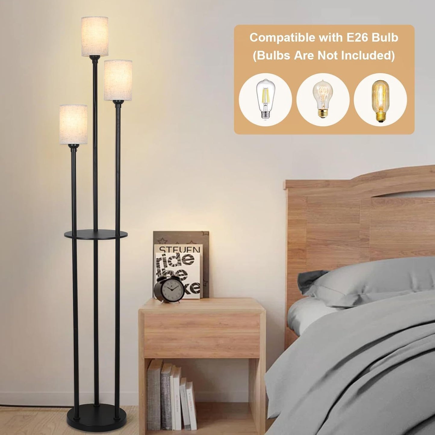 3-Light Floor Lamp with Shelves, Industrial Modern Floor Lamp, Linen Shade, Foot Pedal, 66in Black