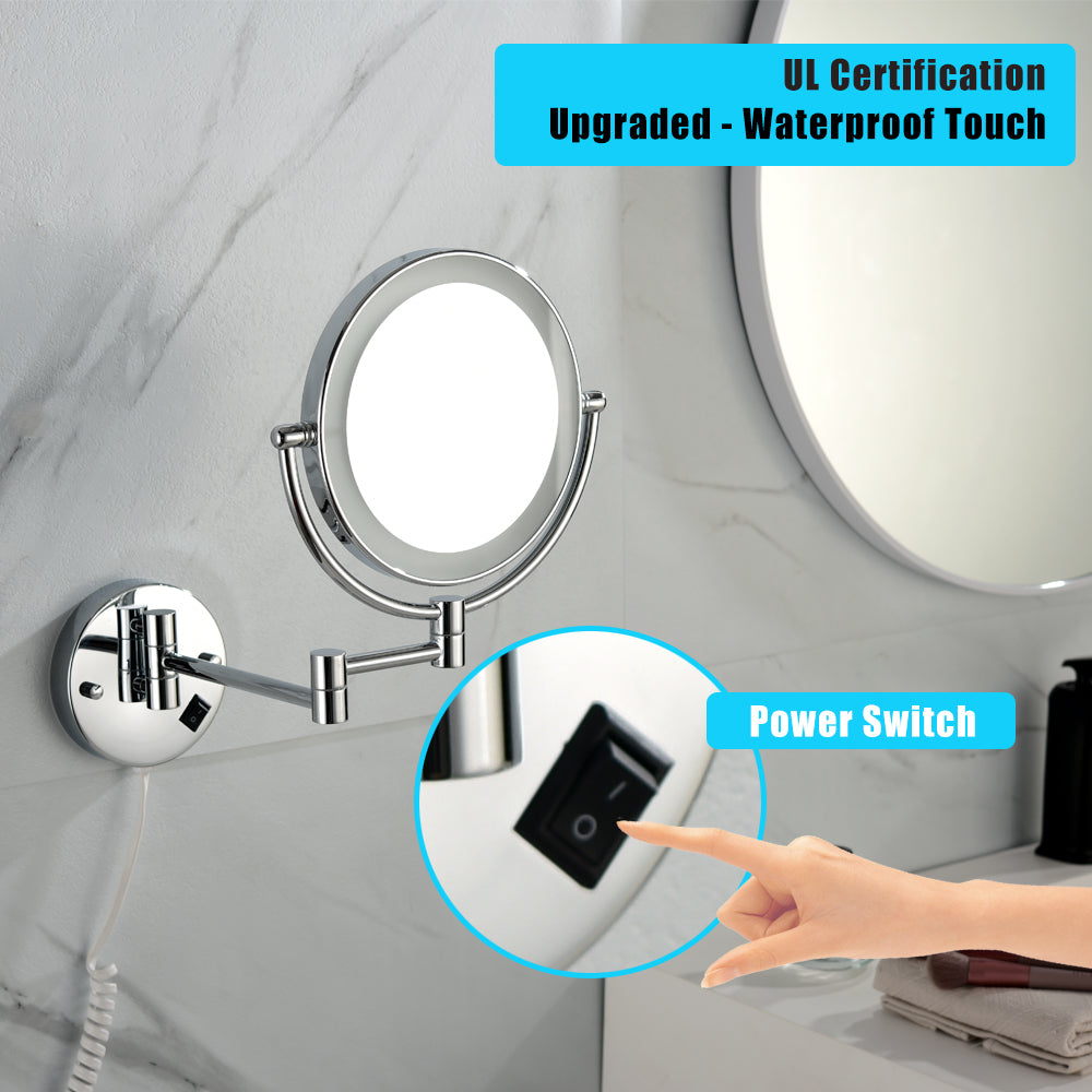 Dual-Sided 8-Inch LED Magnifying Vanity Mirror with 12-Inch Chrome Extension and 360-Degree Rotation