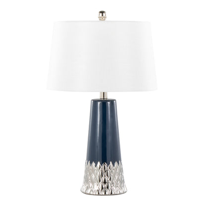 22-Inch Contemporary Ceramic Table Lamp with White Shade, Metal Accent, Indoor Use - Dark Blue and Silver