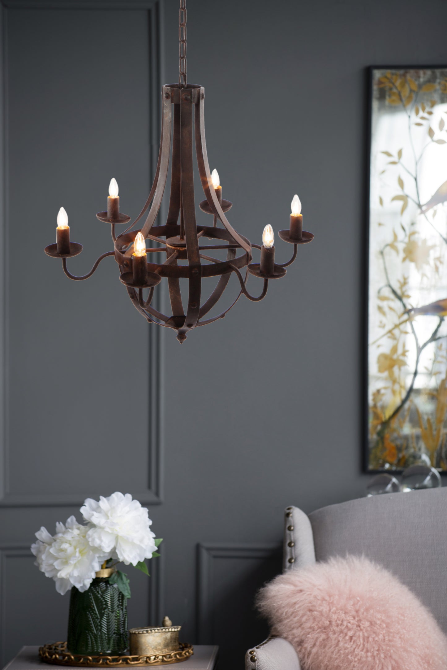 Six-Light Iron Chandelier with Adjustable Chain, 25x22x24in, 6x E12, 60W, Hardwired Antique Black