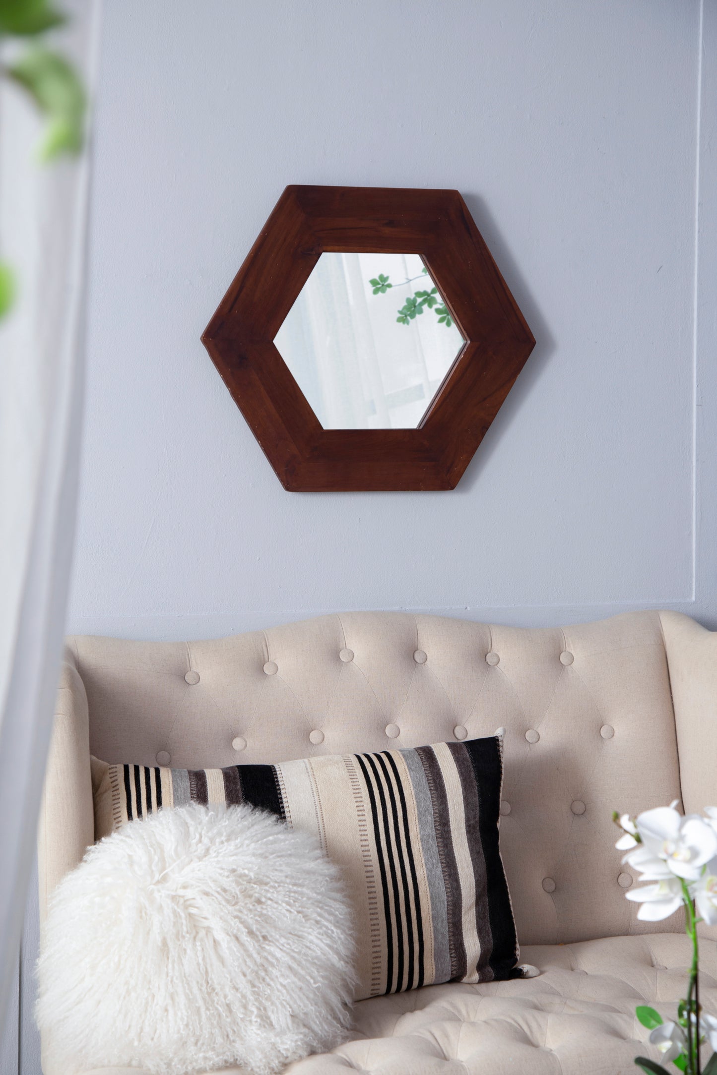 Hexagonal Teak Wood Framed Mirror - 18.5" Wall Decor for Living Room, Bathroom, or Hallway in Dark Brown