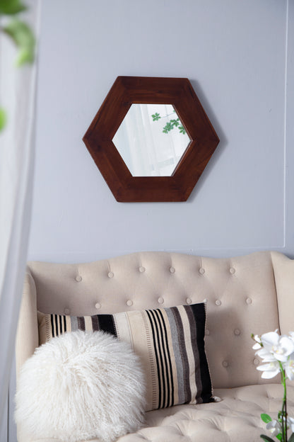 Hexagonal Teak Wood Framed Mirror - 18.5" Wall Decor for Living Room, Bathroom, or Hallway in Dark Brown
