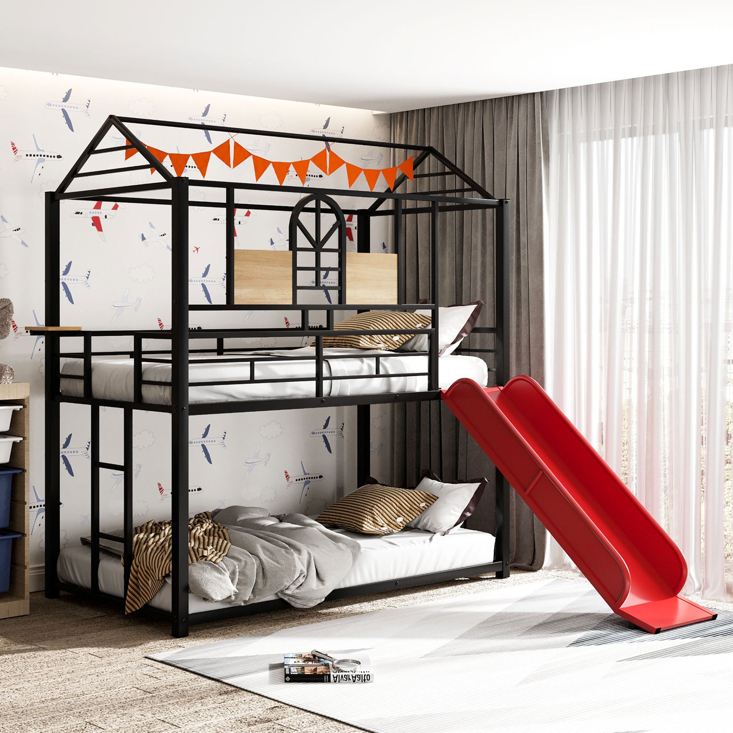 Twin Over Twin Metal Bunk Bed with Fun Slide – Available in Three Chic Colors (Black/Red, Black/Black, White/White)
