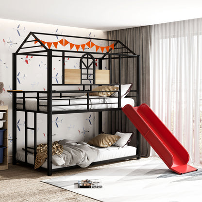 Twin Over Twin Metal Bunk Bed with Fun Slide – Available in Three Chic Colors (Black/Red, Black/Black, White/White)