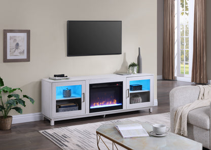 70-Inch TV Stand with Electric Fireplace, 2 Cabinets, 7 Flame Colors, MDF Console, White Walnut Finish