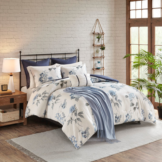 7-Piece Printed Seersucker Comforter Set with Throw Blanket, Full/Queen, Floral Microfiber Bedding, Blue