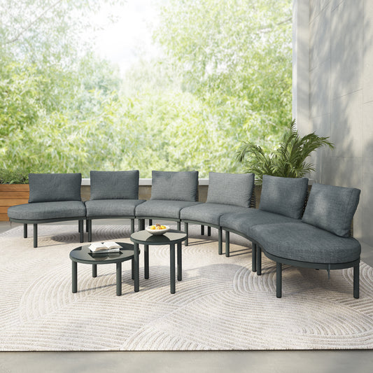 8-Piece Outdoor Patio Sofa Set With Half Moon Sectional And Two High-Low Coffee Tables, PE Wicker Glass 6 Cushions Gray