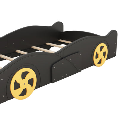 Twin Size Race Car Platform Bed with Storage and Wheels in Black and Yellow