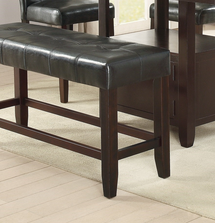 Counter Height 48in Dining Bench, Faux Leather Tufted Seat, Rubberwood Base, Farmhouse Dining Room Black Brown Finish