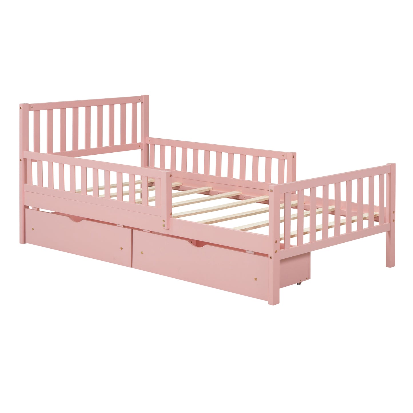 Twin Size Pink Wooden Platform Bed with Safety Guardrails and Dual Storage Drawers