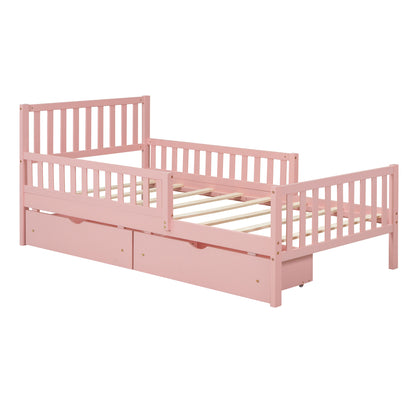Twin Size Pink Wooden Platform Bed with Safety Guardrails and Dual Storage Drawers
