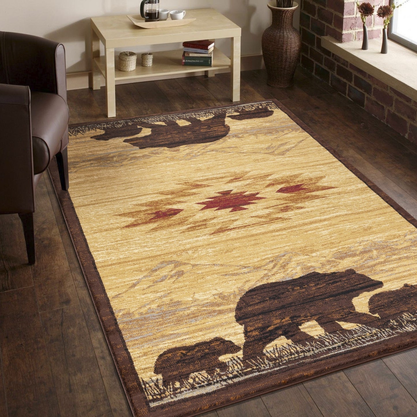 7'10 x 10'3 Lodge Area Rug with Wildlife Motif, Polypropylene, Stain-Resistant, Jute Backing, Beige