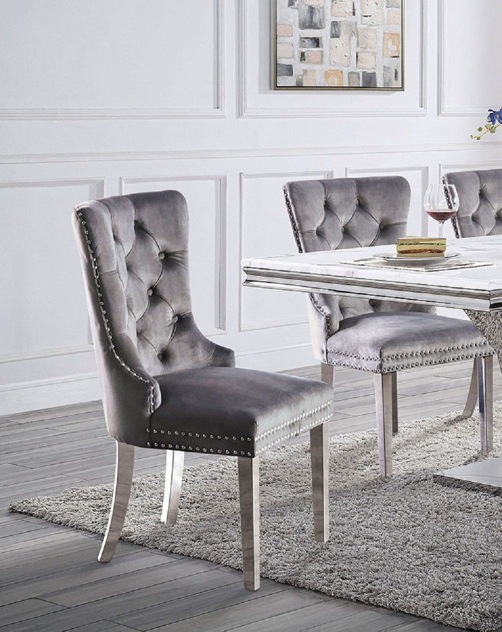 Set of 2 Wingback Dining Chairs, Flannelette Upholstered, Button-Tufted, Chrome Legs, Gray
