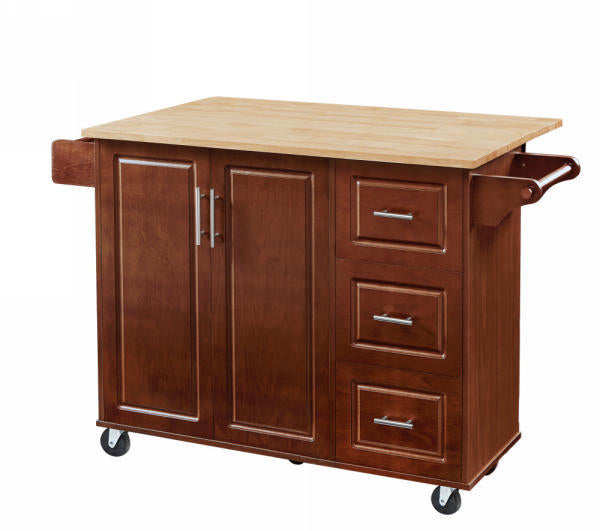 Rolling Kitchen Island Cart with Drop Leaf Tabletop and Storage, Retro Brown Barn Door Design on Wheels