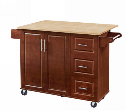Rolling Kitchen Island Cart with Drop Leaf Tabletop and Storage, Retro Brown Barn Door Design on Wheels