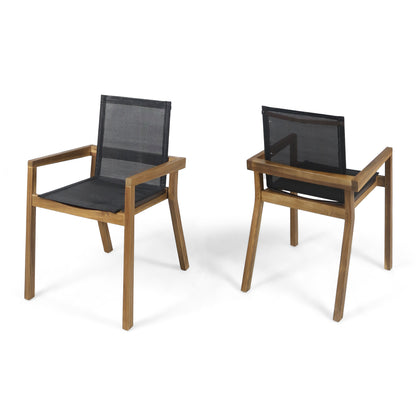 Set of 2 Dining Chairs With Acacia Wood Frame And Mesh Seating, 21.5in L x 24.25in W x 33in H, Modern Dining Teak