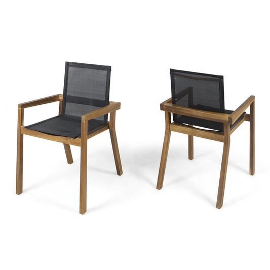 Set of 2 Dining Chairs With Acacia Wood Frame And Mesh Seating, 21.5in L x 24.25in W x 33in H, Modern Dining Teak
