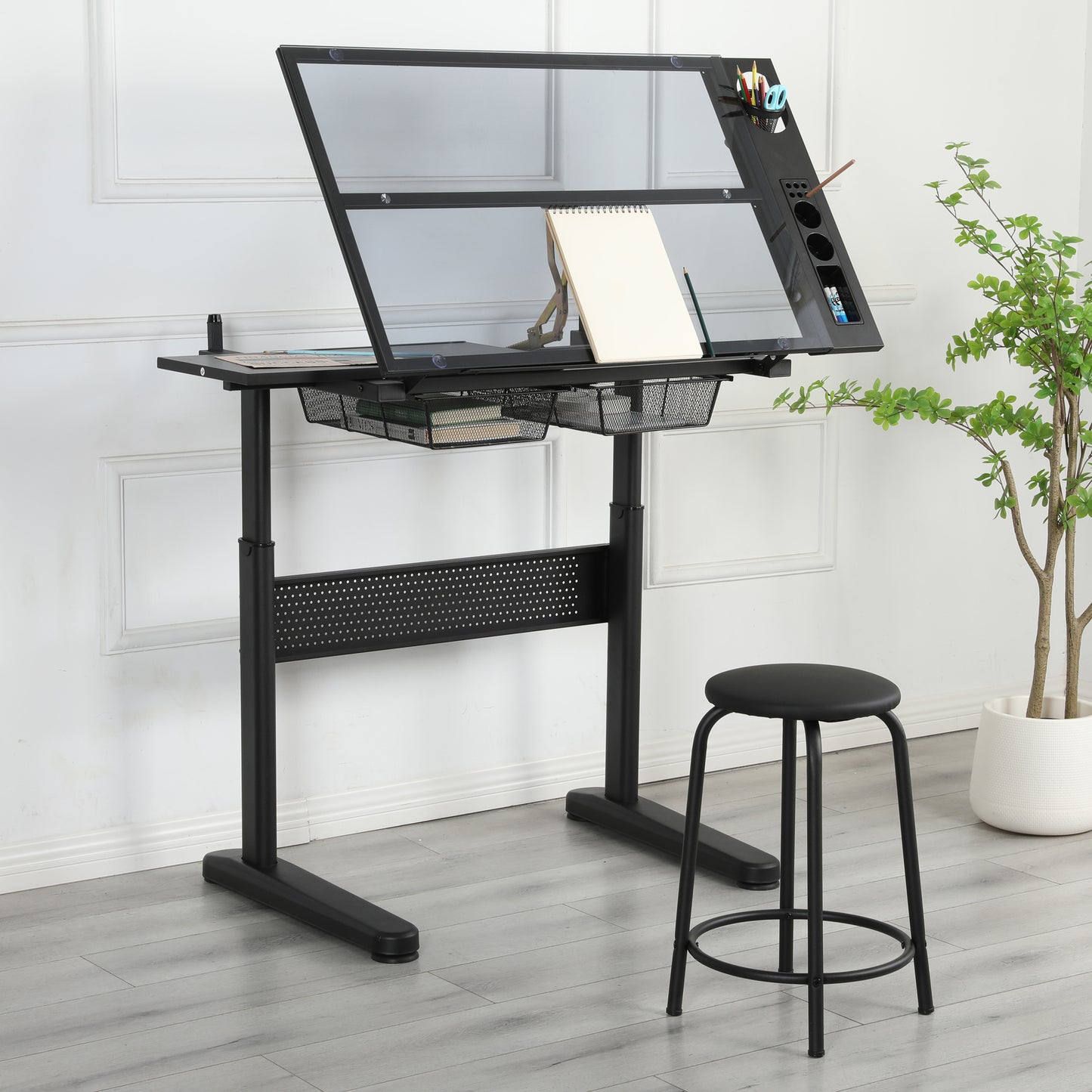 Adjustable Hand Crank Drafting Table with Stool and Metal Drawers (Black)
