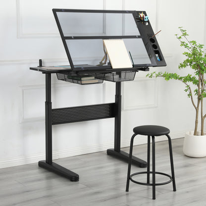 Adjustable Hand Crank Drafting Table with Stool and Metal Drawers (Black)
