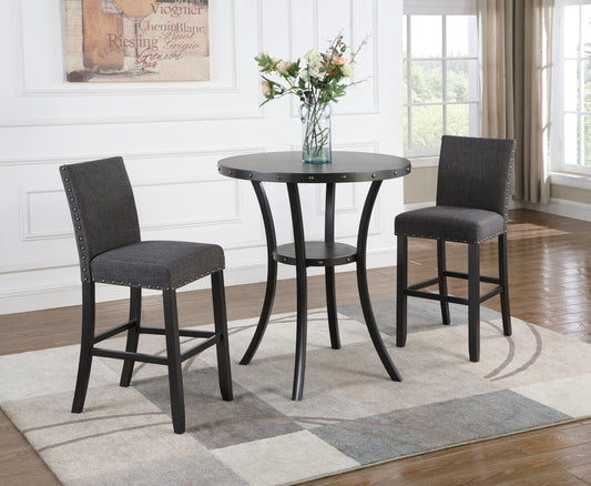 3-Piece 36-Inch Round Bar Table Set with 2 Pub Chairs Gray Fabric, Wood Top, Metal Frame, Espresso finish